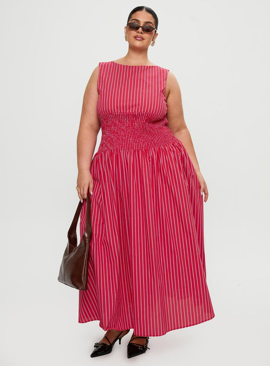 Lilienne Cotton Poplin Maxi Dress Red Stripe Curve
