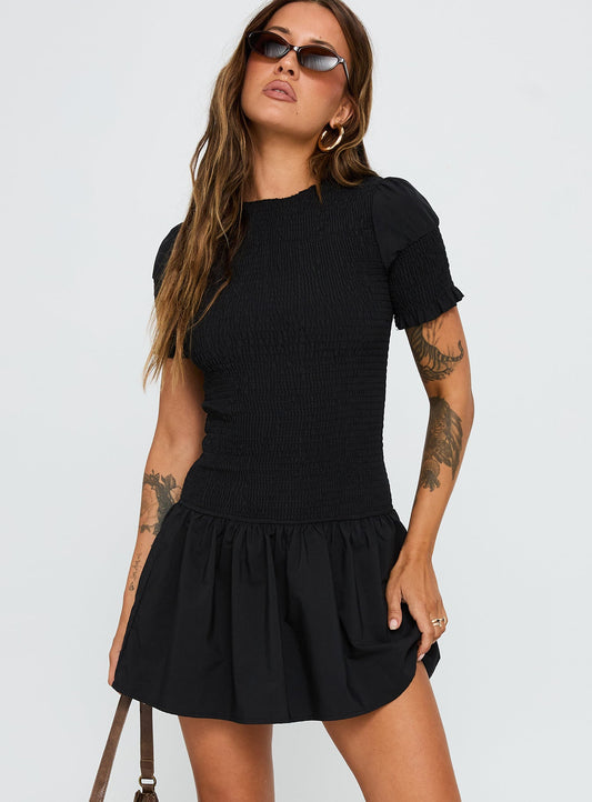 Laurita Shirred Mini Dress Black