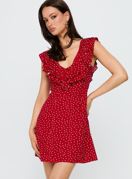 Cherry Schnapps Flutter Mini Dress Red Polka