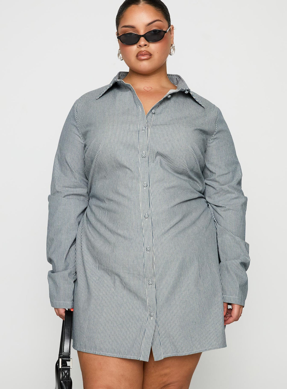 Publicity Long Sleeve Mini Dress Blue Pinstripe Curve