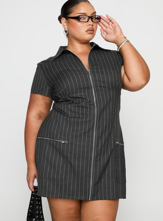 Wynona Mini Dress White / Grey Pinstripe Curve
