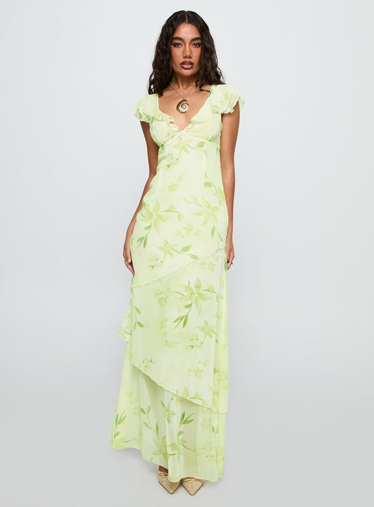 Been Away Frill Maxi Dress Green Multi