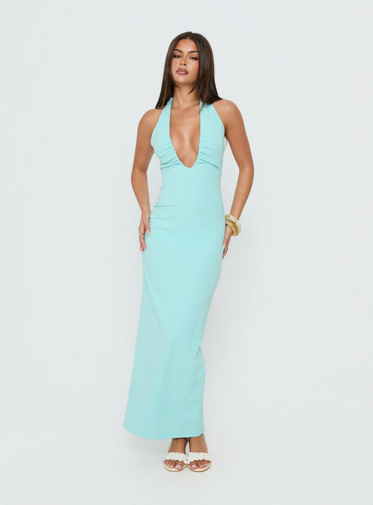 Soft Storm Plunge Halter Maxi Dress Turquoise