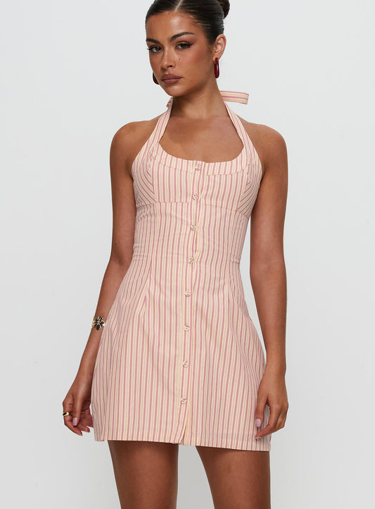 Mallorie Halter Mini Dress Pink Stripe