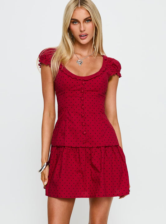 Ottillie Lace Trim Button Down Mini Dress Red Polka Dot