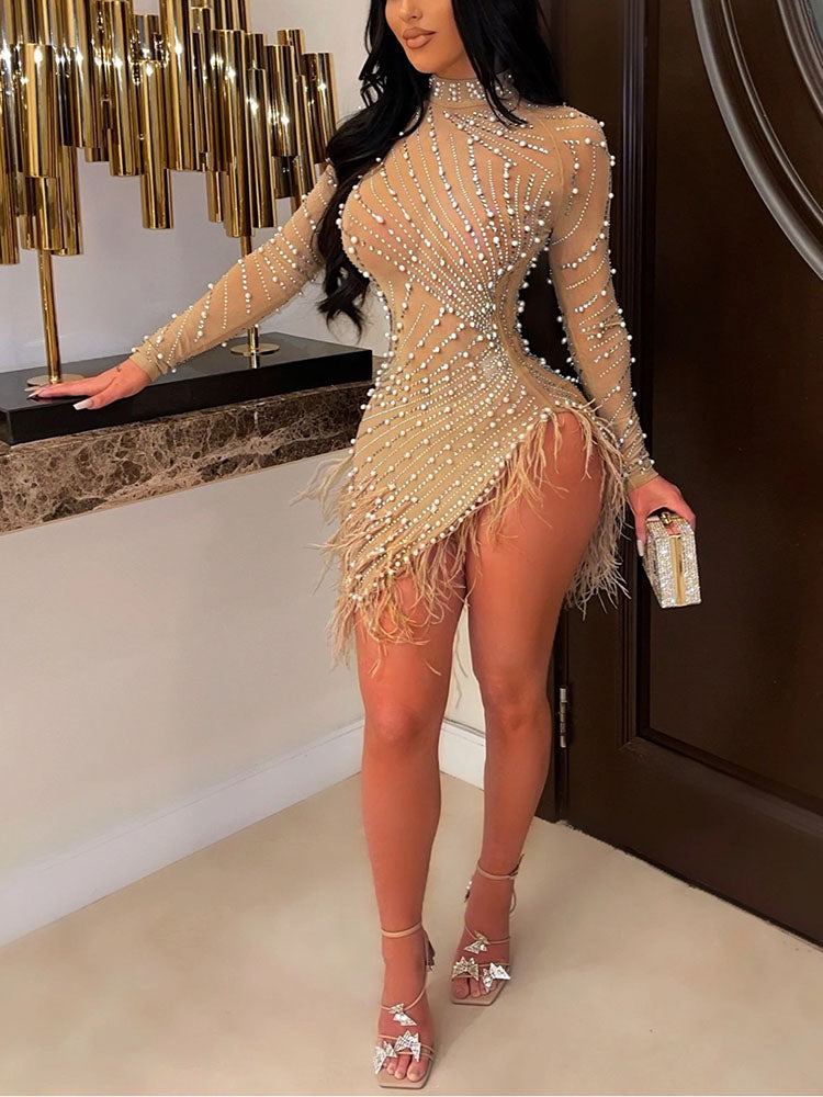 Mesh Rhinestone Mini Dress
