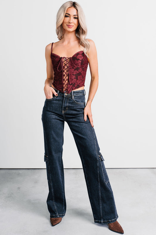 Crosby Wide Leg Mica Denim Cargo Jeans (Dark Wash)