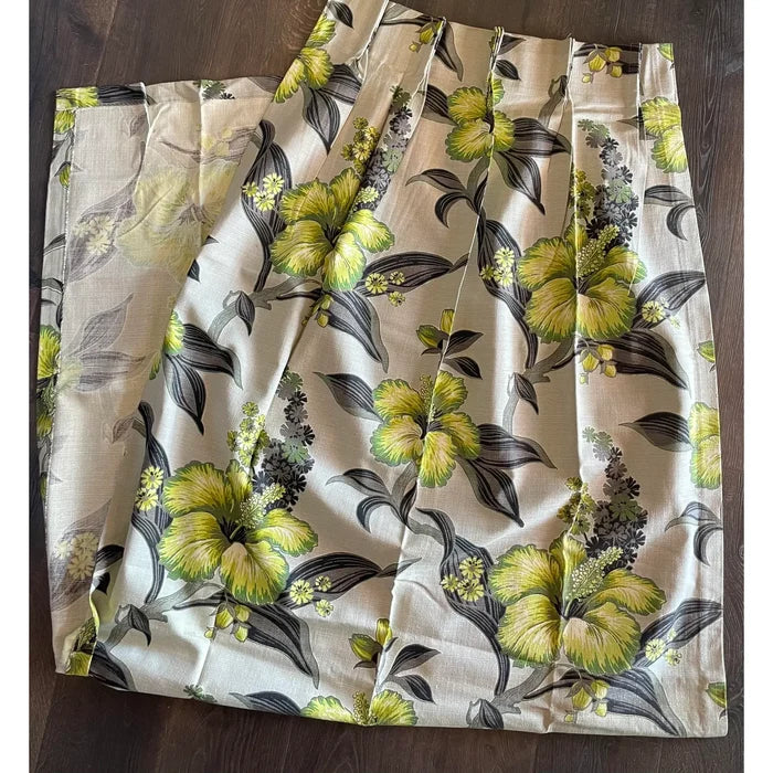 1950’s Grey and Lime Hawaiian Tiki Style Floral Barkcloth Drapery Panel - Annabel Bleu