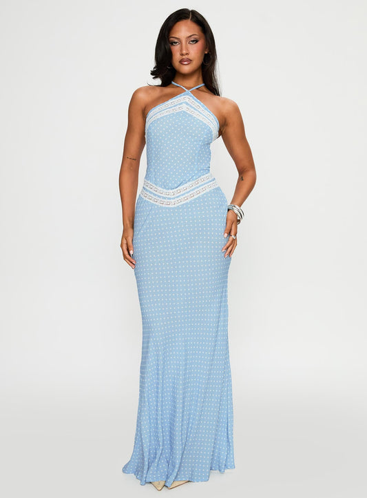 Wild Joy Halter Maxi Dress Blue Polka