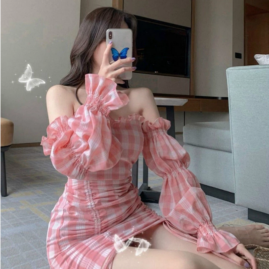 Slash Neck Long Flare Sleeve Plaid Mini Dress