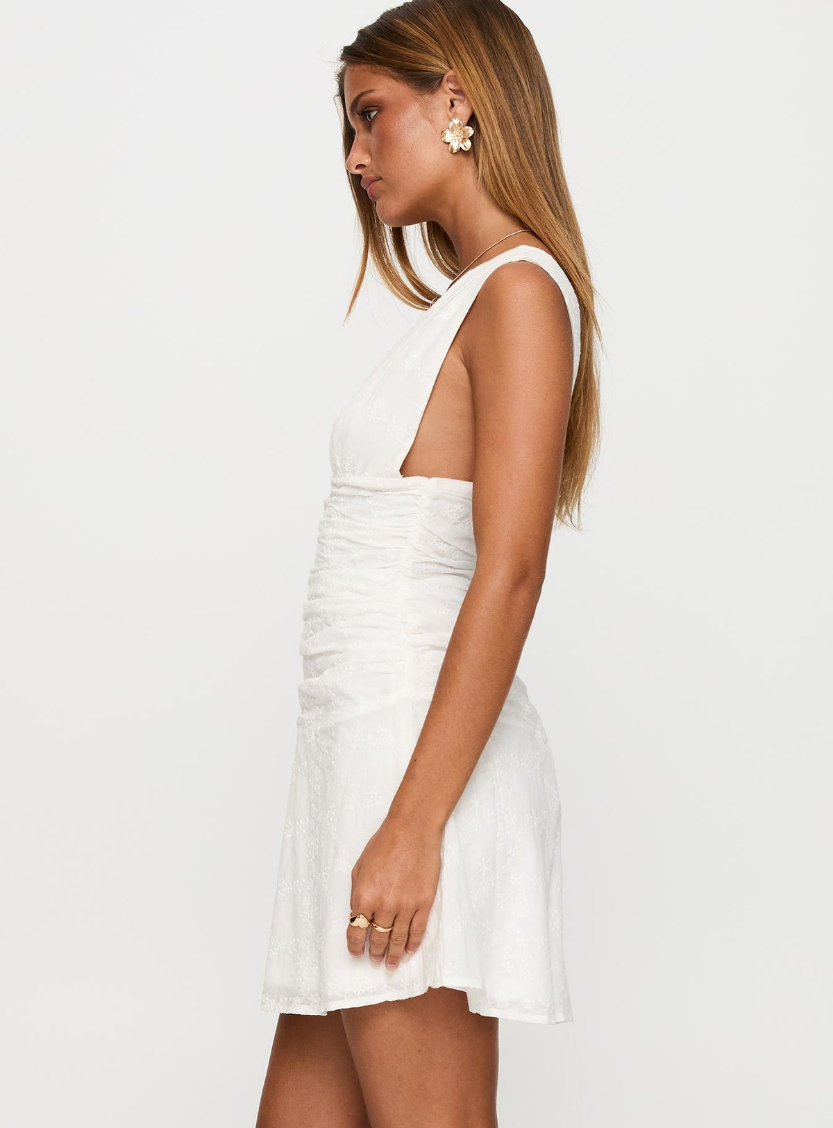 Everelle Ruched Embroidered Mini Dress White