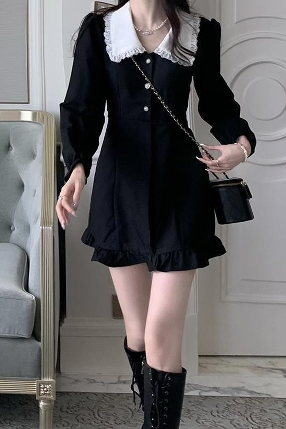 Long Sleeve Peter Pan Collar Ruffle Mini Dress