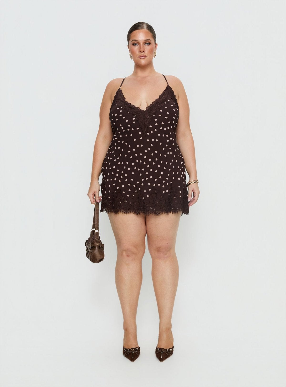 Call My Lover Lace Slip Mini Dress Brown Polka Curve