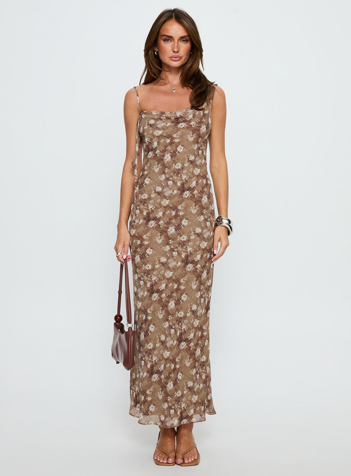 Silah Cowl Neck Maxi Dress Brown Floral