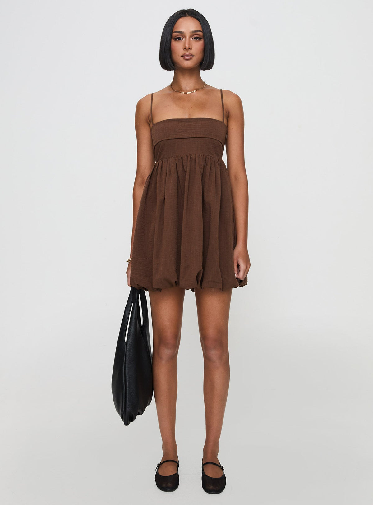 Layken Bubble Hem Mini Dress Chocolate Petite