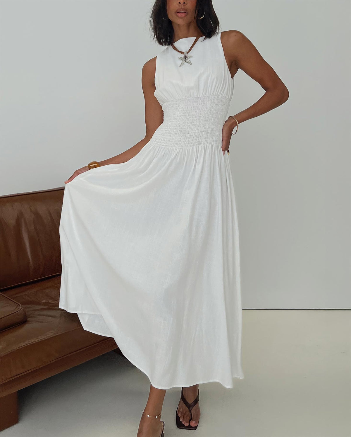 Lilienne Shirred Maxi Dress White