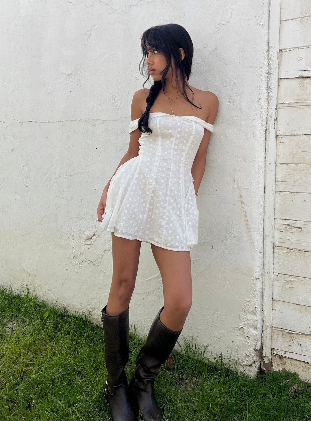 Rosebud Off The Shoulder Mini Dress White Petite