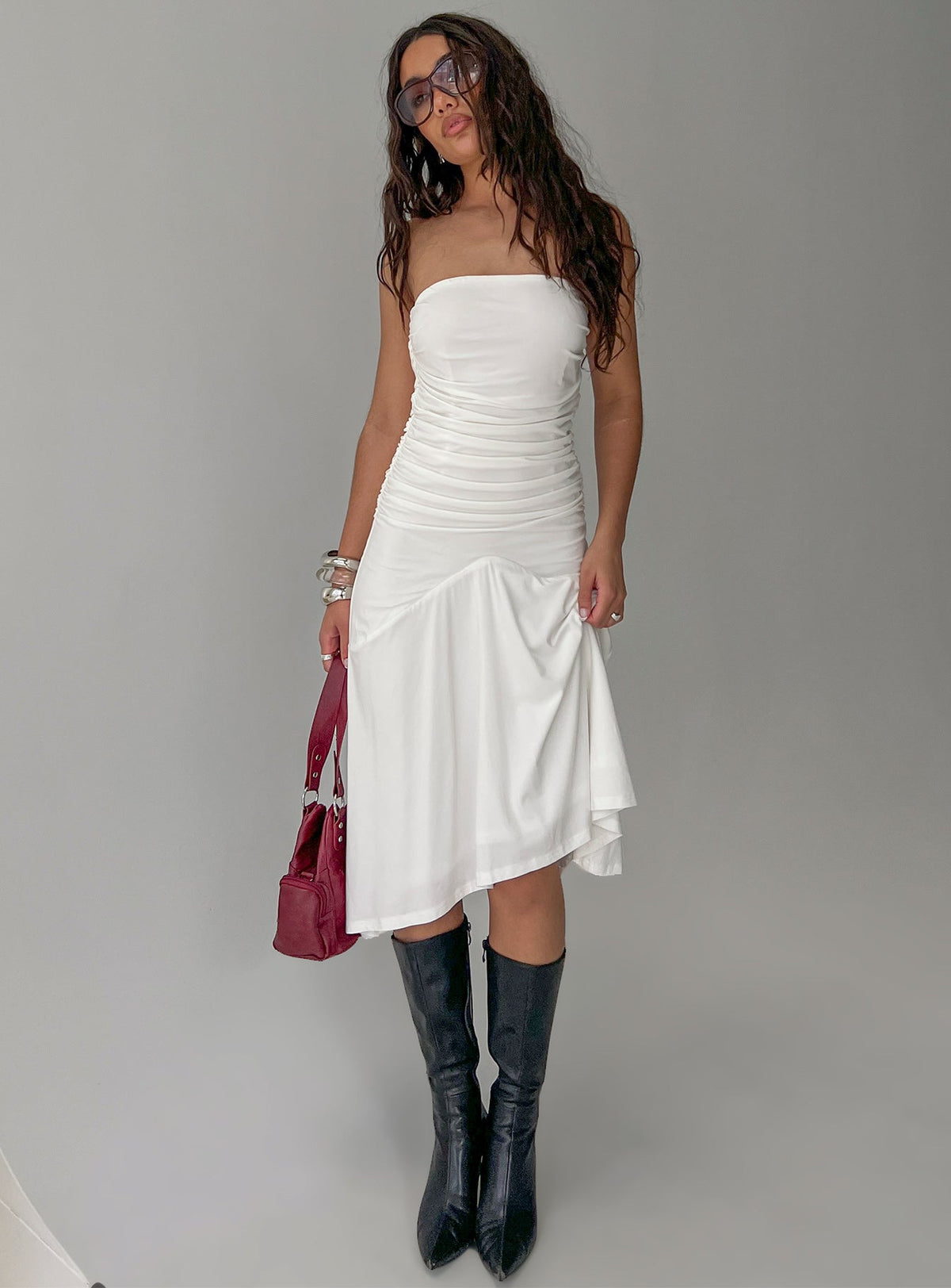 Rienna Strapless Asymmetrical Midi Dress White