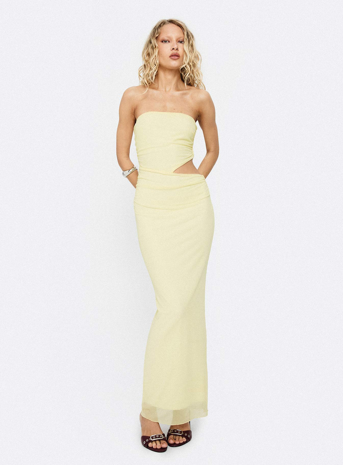 Tyllie Strapless Cut Out Maxi Dress Yellow