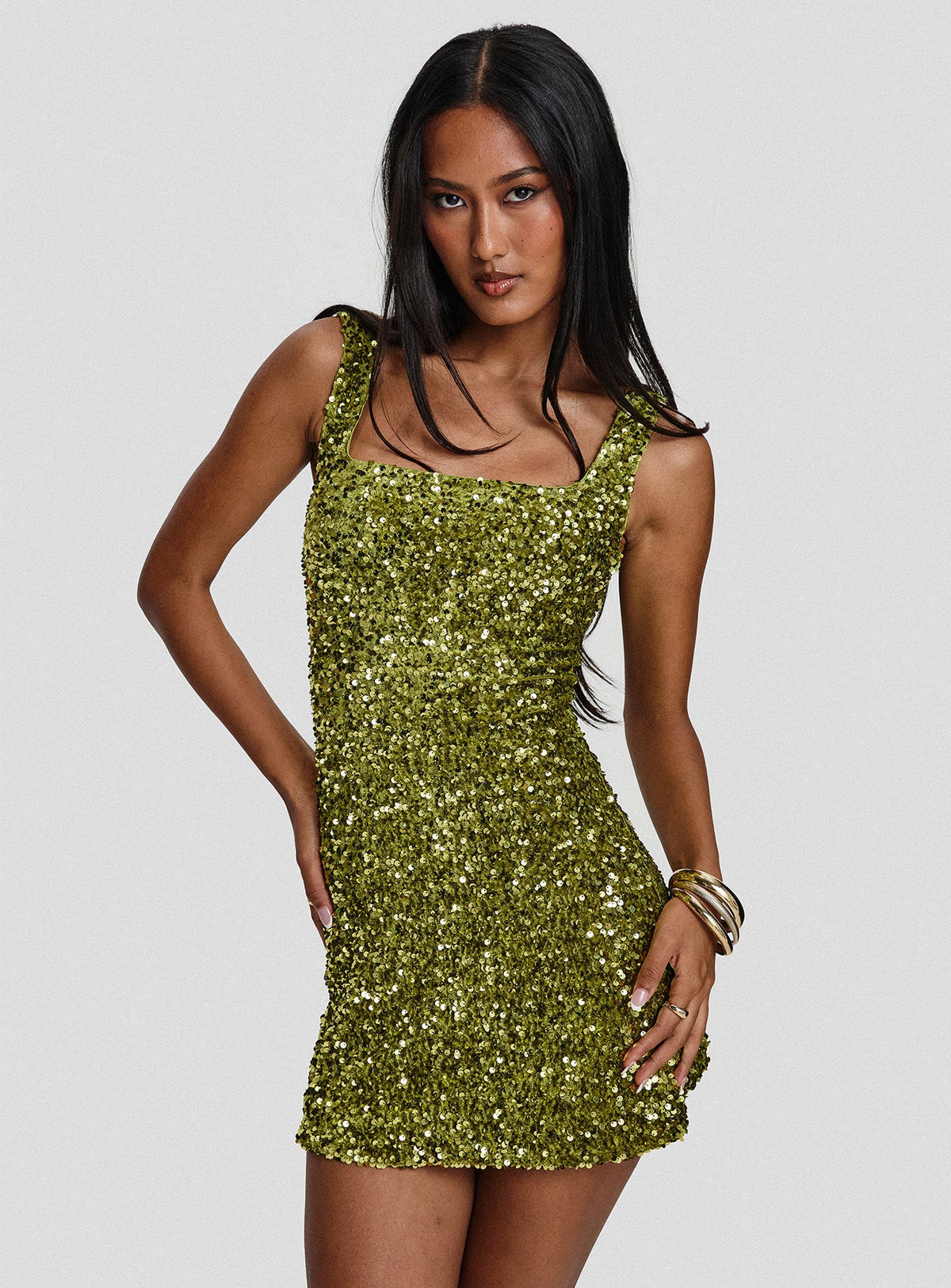 Miss Me Sequin Mini Dress Chartreuse