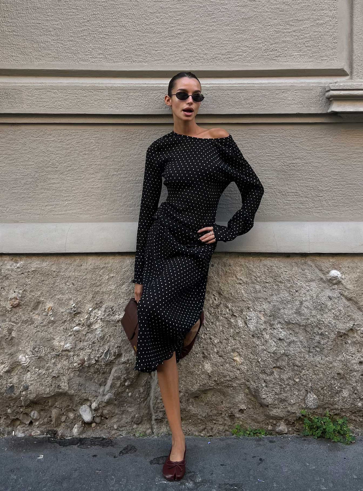 Haven Long Sleeve Maxi Dress Noir Polka