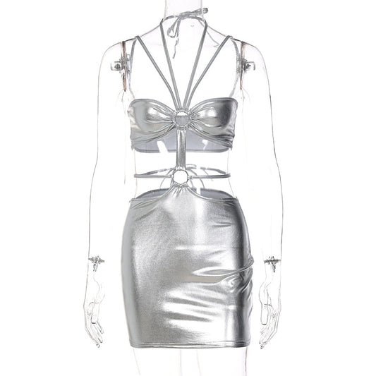 Voguable Solid Sleeveless Bodycon Halter Hollow Out Mini Dress Streetwear Outfits Y2K