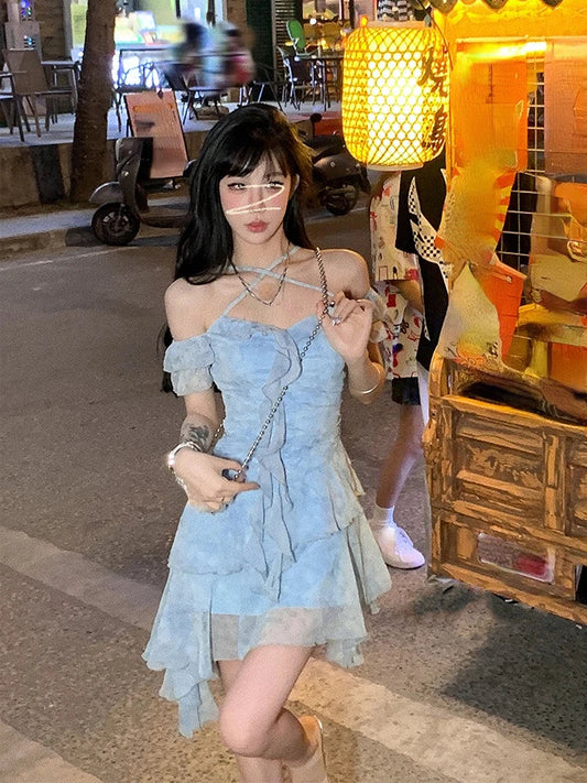 Voguable Beach Style Flroal Y2k Mini Dress Woman Chiffon Elegant Y2k Mini Dress Korean Short Party Dress Office Lady