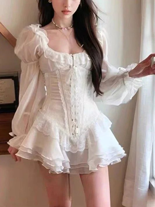 Voguable French Sweet White Y2k Mini Dress Long Sleeve Beach Style One Piece Dress Korean Japanese Kawaii Chic