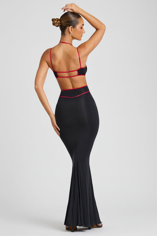 Contrast Binding Cut Out Evening Gown in Black