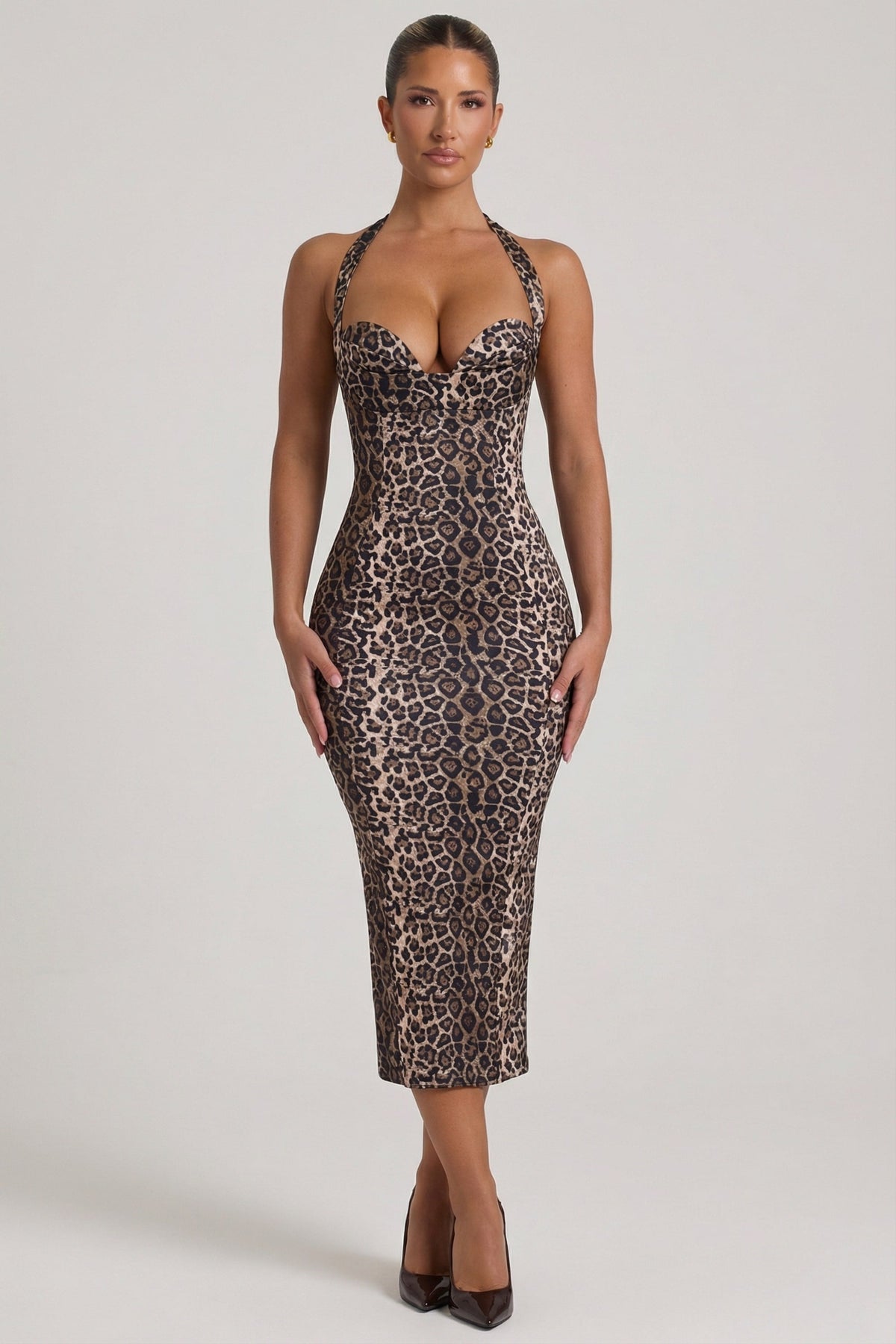 Layered Halterneck Bodycon Midi Dress in Leopard Print
