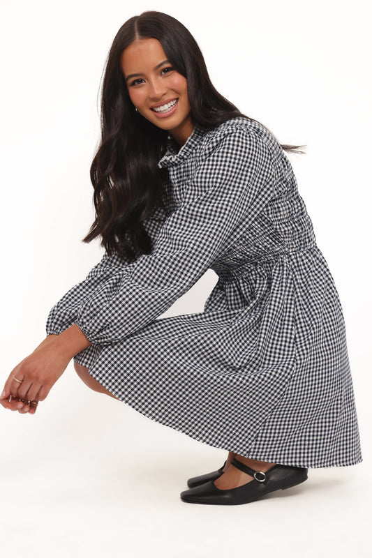 Jessen Long Sleeve Mini Dress - Navy Gingham