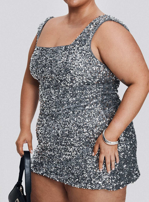Miss Me Sequin Mini Dress Silver Curve