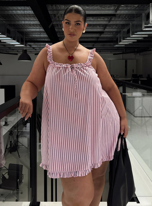 Zalina Babydoll Mini Dress Pink Stripe Curve