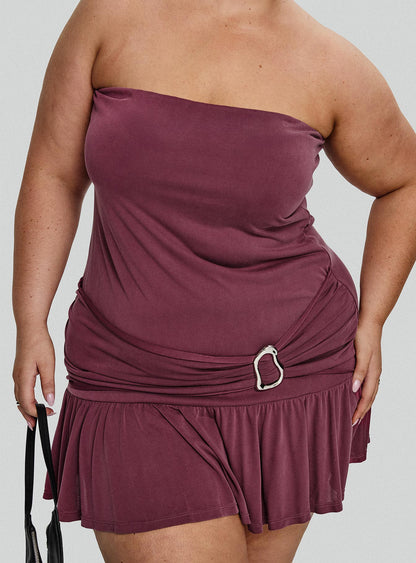 Love Lingers Strapless Mini Dress Burgundy Curve