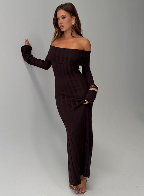 Ellouisa Long Sleeve Rib Maxi Dress Chocolate