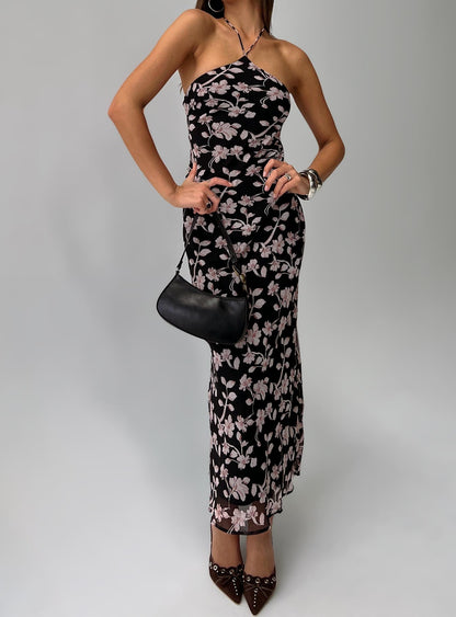 Anisa Halter Maxi Dress Black Floral