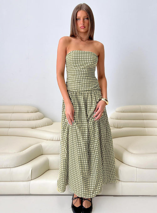 Frankey Strapless Drop Waist Maxi Dress Green Check