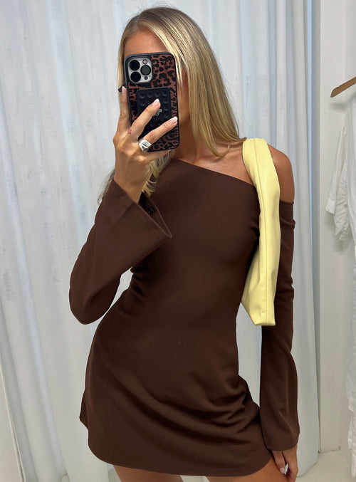 Adrietta Long Sleeve Off Shoulder Mini Dress Brown