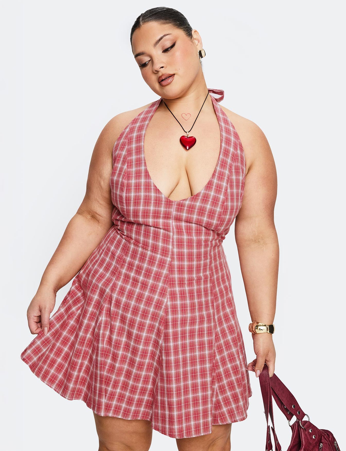 Out Of Nowhere Halter Mini Dress Red Check Curve