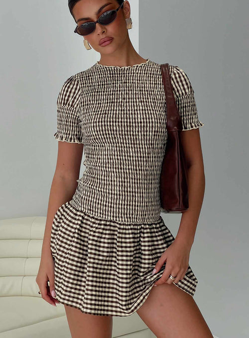 Laurita Shirred Mini Dress Brown Check