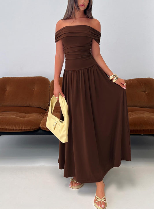 Katalia Off Shoulder Maxi Dress Chocolate Brown