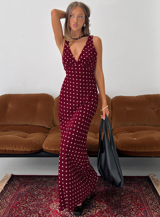 Nellie Maxi Dress Burgundy Polka Dot