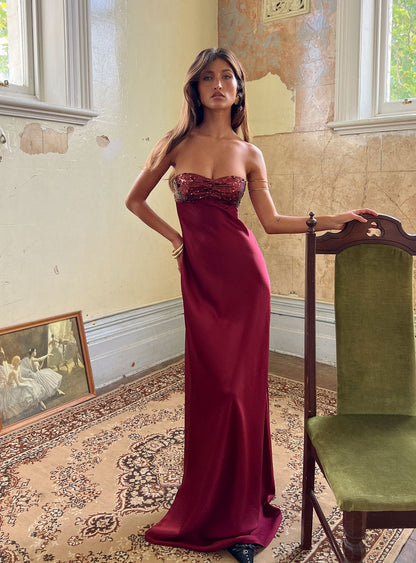 See The Vision Sequin Bust Strapless Maxi Dress Burgundy