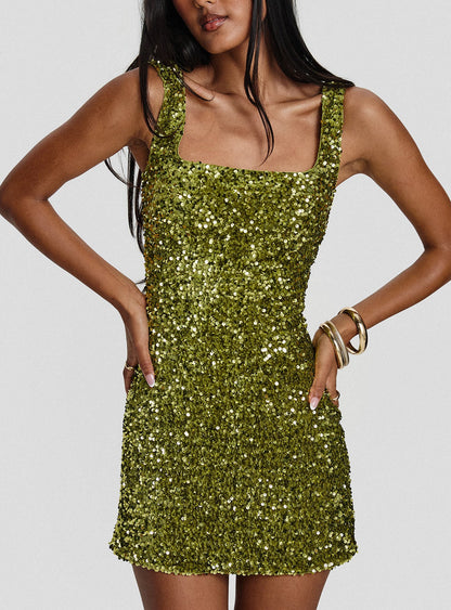 Miss Me Sequin Mini Dress Chartreuse