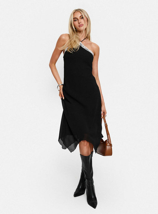 Naila Halter Lace Trim Midi Dress Black