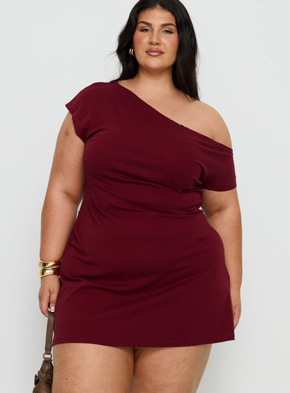 Prestige One Shoulder Mini Dress Burgundy Curve