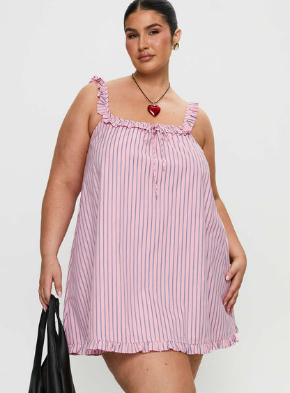Zalina Babydoll Mini Dress Pink Stripe Curve