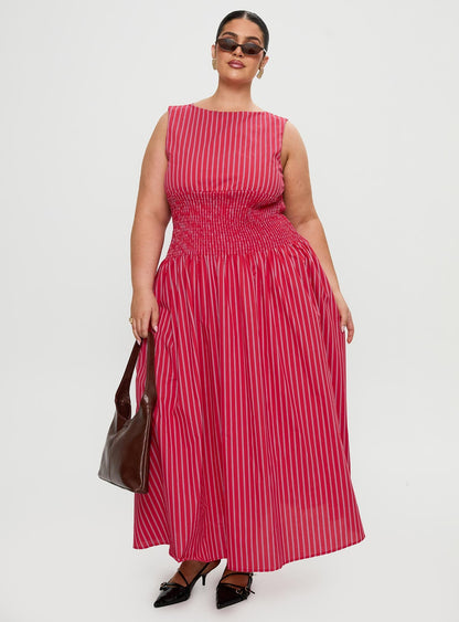 Lilienne Cotton Poplin Maxi Dress Red Stripe Curve