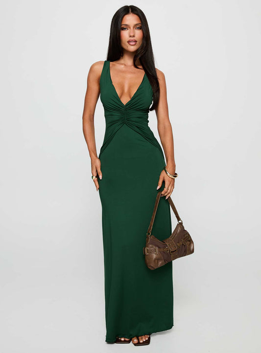 Frederica Plunge Maxi Dress Forest Green