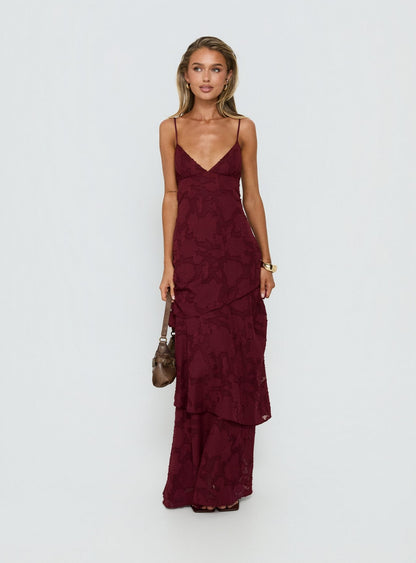 Lyricah Tiered Tie Back Maxi Dress Burgundy